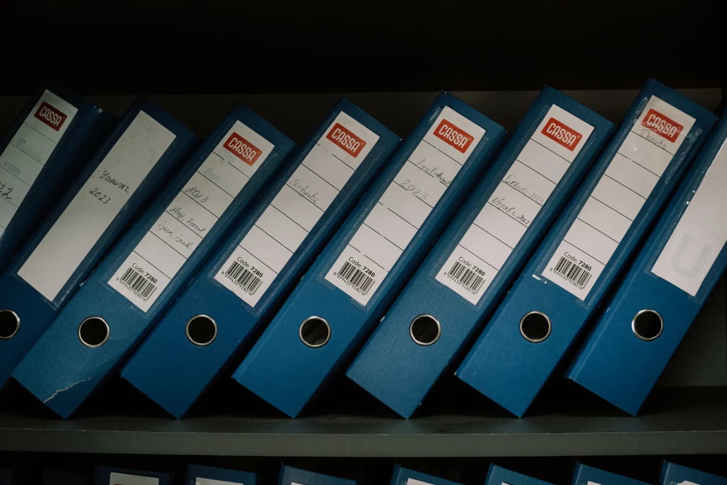 Une rangée de classeurs bleus étiquetés à la main, alignés sur l'étagère d'un local d'archives