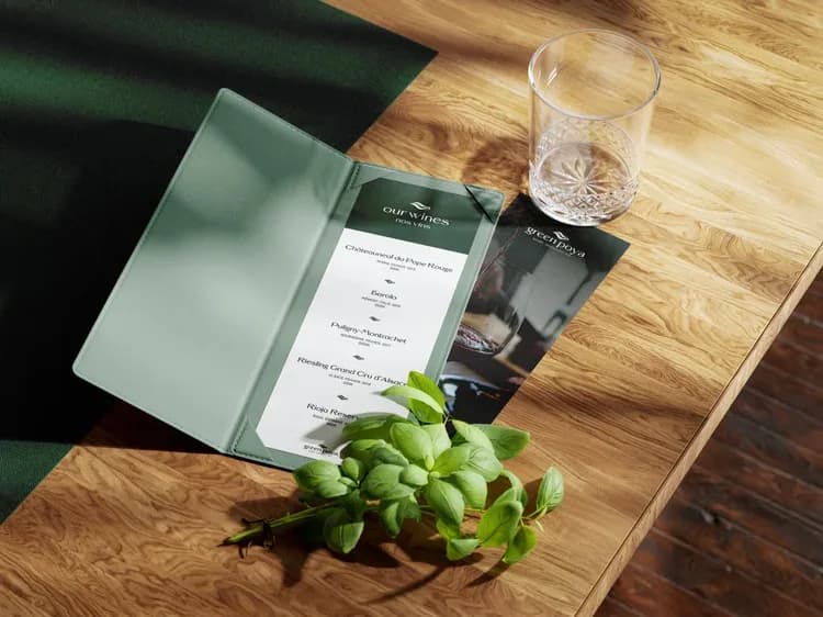 Carte des vins Green Poya dans son porte-menu vert, sur une table en bois