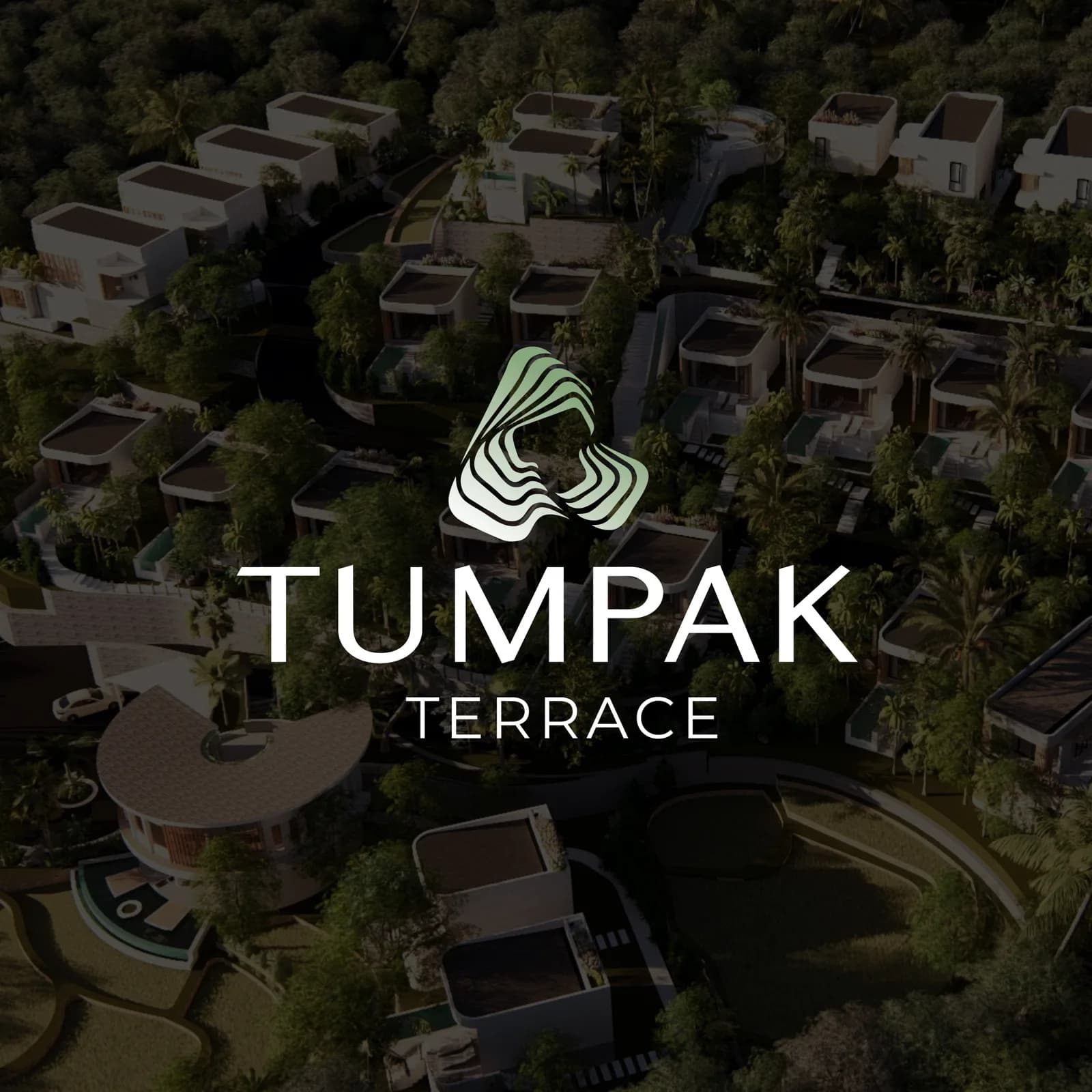 Lockup Tumpak Terrace en blanc et vert sur une vue aérienne du resort
